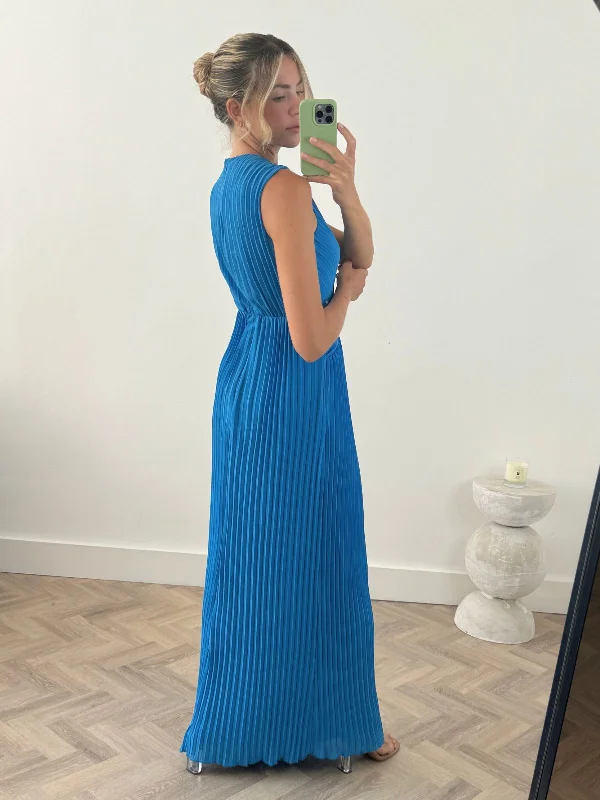 Alma Cut Out Pleated Dress in Blue