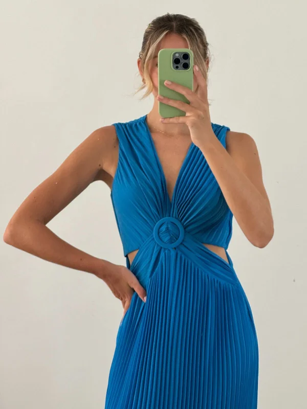 Alma Cut Out Pleated Dress in Blue