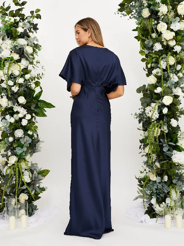 Angel Sleeve Maxi Satin Dress / Navy