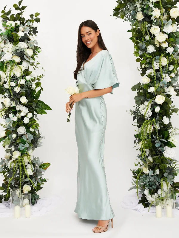 Angel Sleeve Maxi Satin Dress / Sage