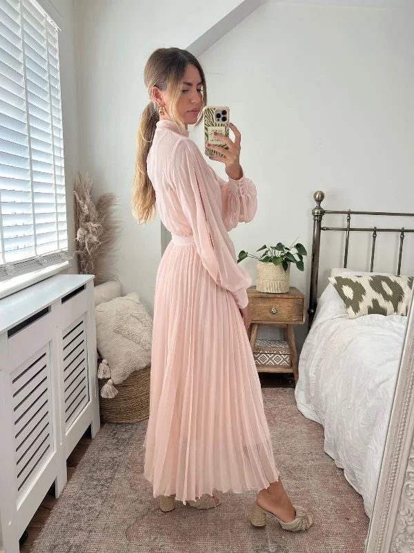 Angelina High Neck Pleated Dress / Blush