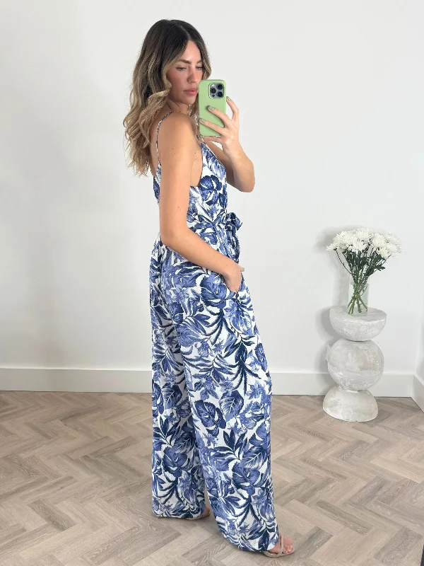 Nadia Strappy Wide Leg Jumpsuit in Blue Palm Print