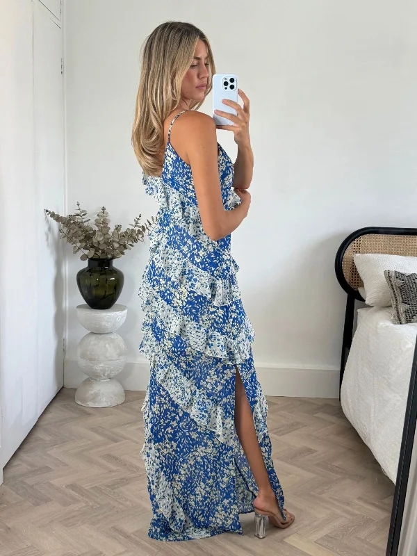 Cordelia Frill Maxi Dress in Blue