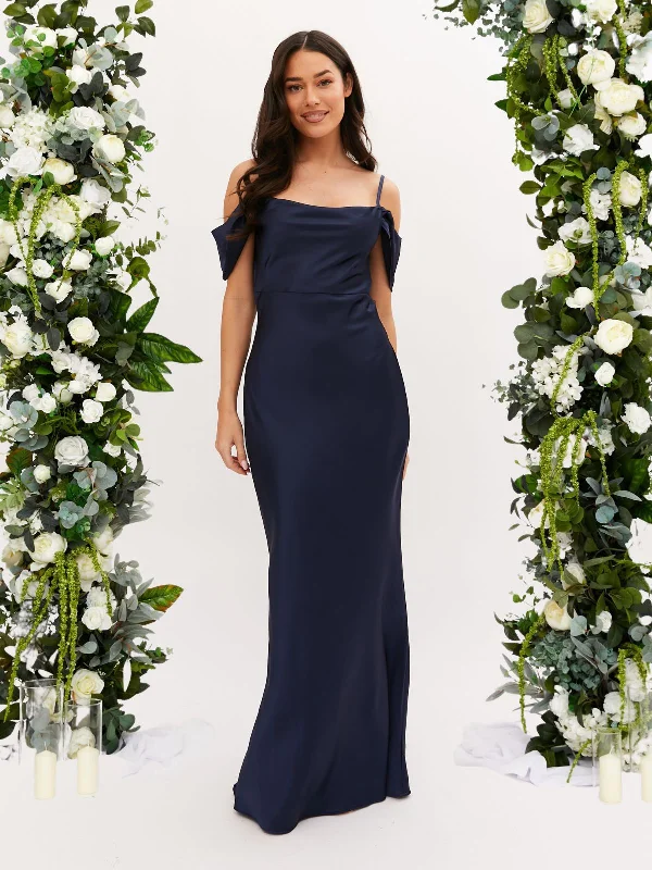 Cowl Neck Maxi Satin Dress / Navy