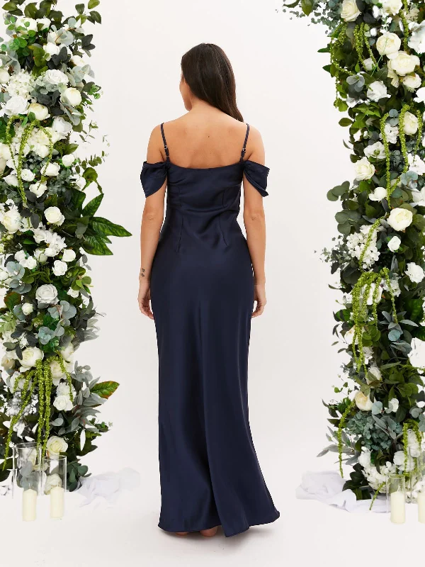 Cowl Neck Maxi Satin Dress / Navy