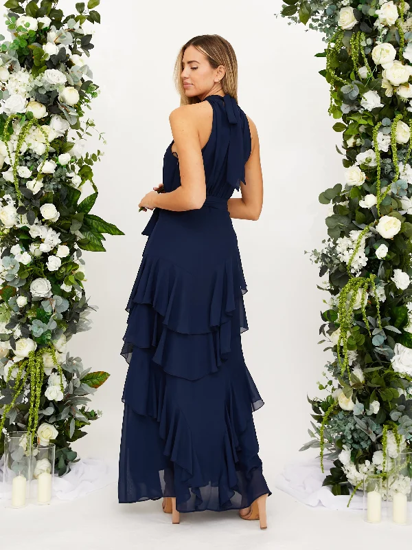 Frill High Neck Maxi Chiffon Dress / Navy