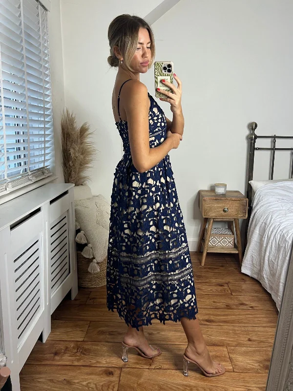 Harmony Lace Strappy Midi Dress / Navy