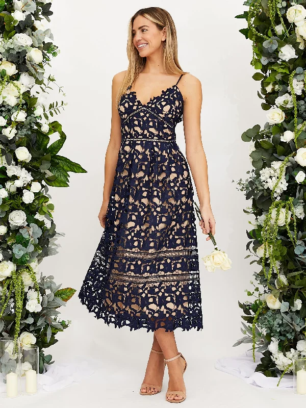 Harmony Lace Strappy Midi Dress / Navy