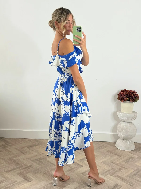 Harri Cold Shoulder Midi dress / Cobalt Floral