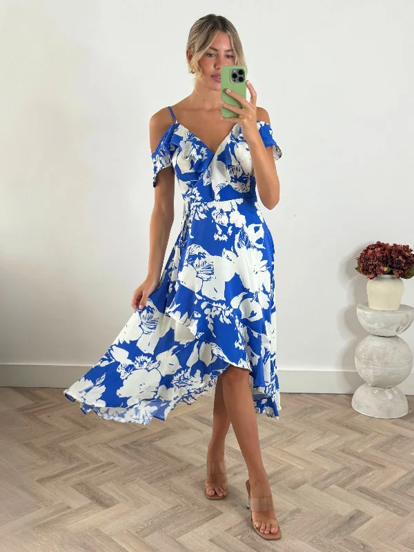 Harri Cold Shoulder Midi dress / Cobalt Floral