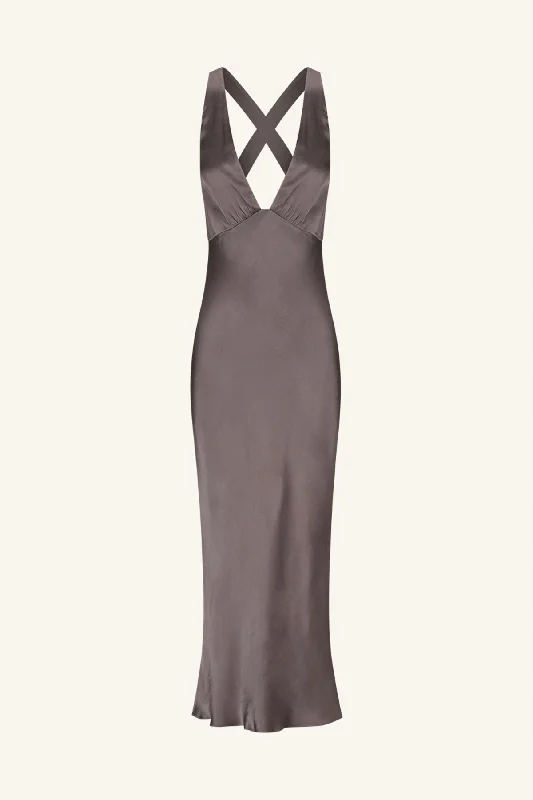 LA LUNE PLUNGED CROSS BACK MIDI DRESS - GRAPHITE