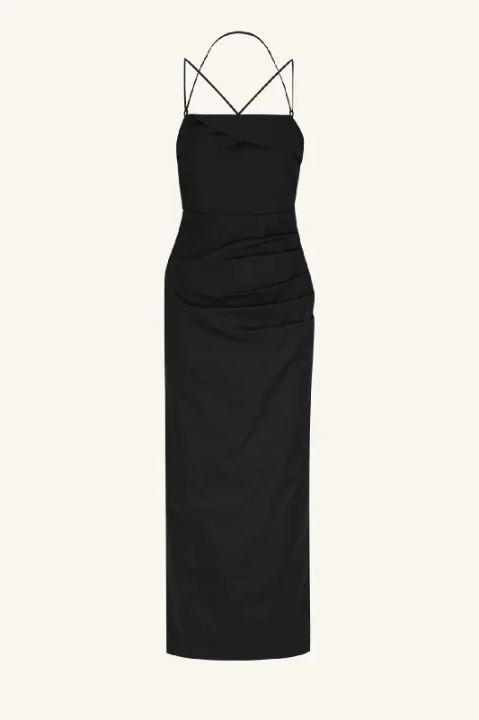 LANI DRAPED CROSS BACK MIDI DRESS - BLACK