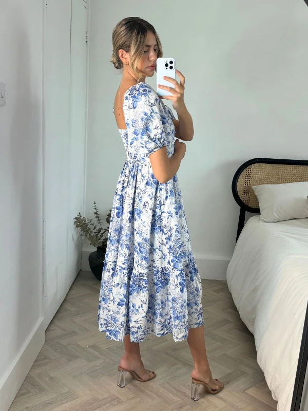 Leighton Puff Sleeve Midi Dress in Blue Floral