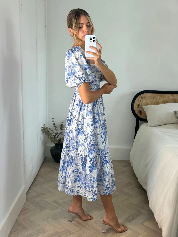 Leighton Puff Sleeve Midi Dress in Blue Floral