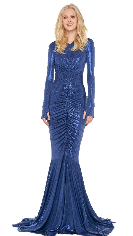 LS V NECK SHIRRED FRONT FISHTAIL GOWN