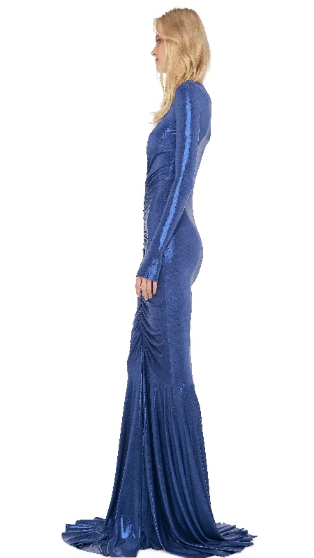 LS V NECK SHIRRED FRONT FISHTAIL GOWN