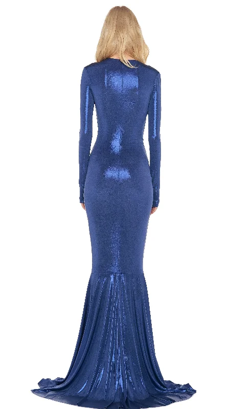 LS V NECK SHIRRED FRONT FISHTAIL GOWN