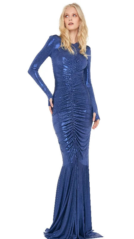 LS V NECK SHIRRED FRONT FISHTAIL GOWN