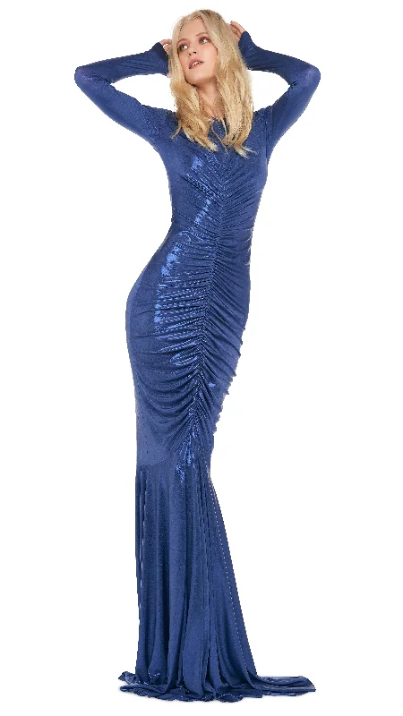 LS V NECK SHIRRED FRONT FISHTAIL GOWN