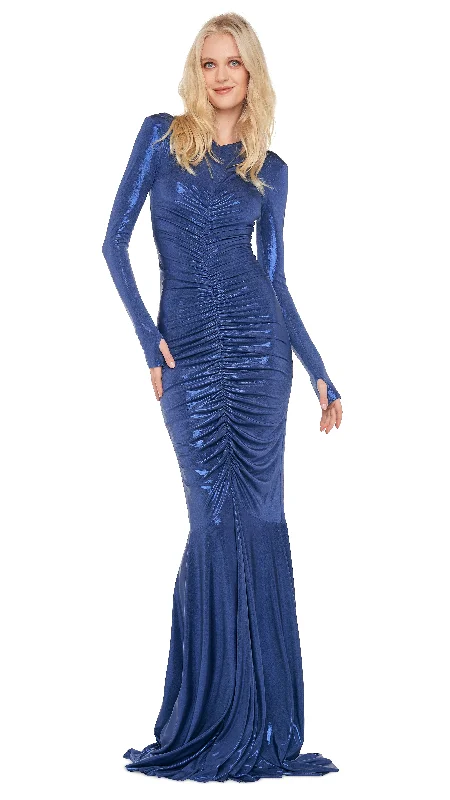 LS V NECK SHIRRED FRONT FISHTAIL GOWN