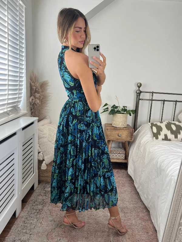 Luisa Belted Pleated Maxi Dress / Blue Butterfly Print