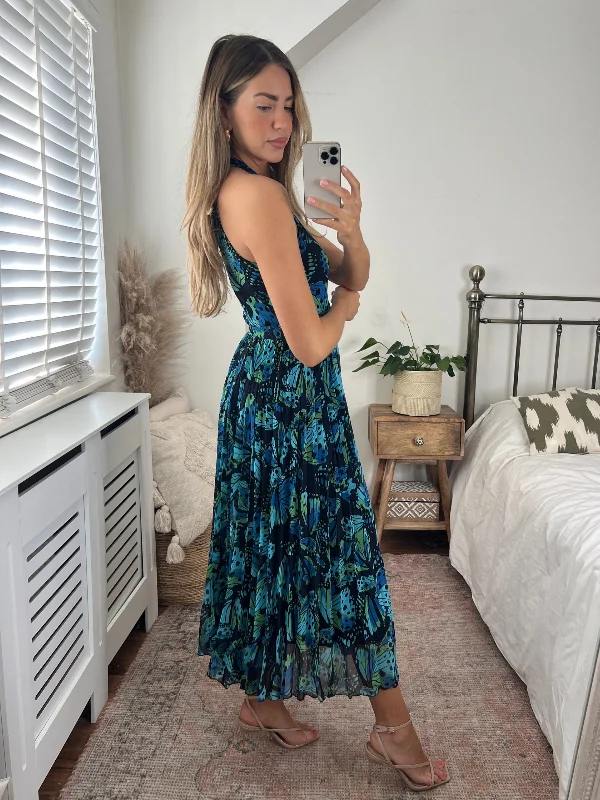 Luisa Belted Pleated Maxi Dress / Blue Butterfly Print