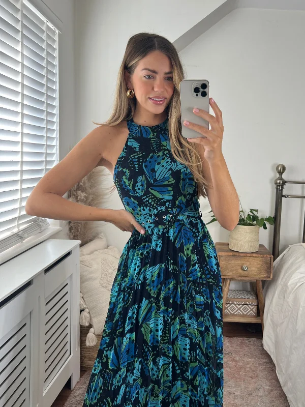 Luisa Belted Pleated Maxi Dress / Blue Butterfly Print