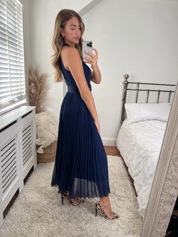 Luisa Belted Pleated Maxi Dress / Navy