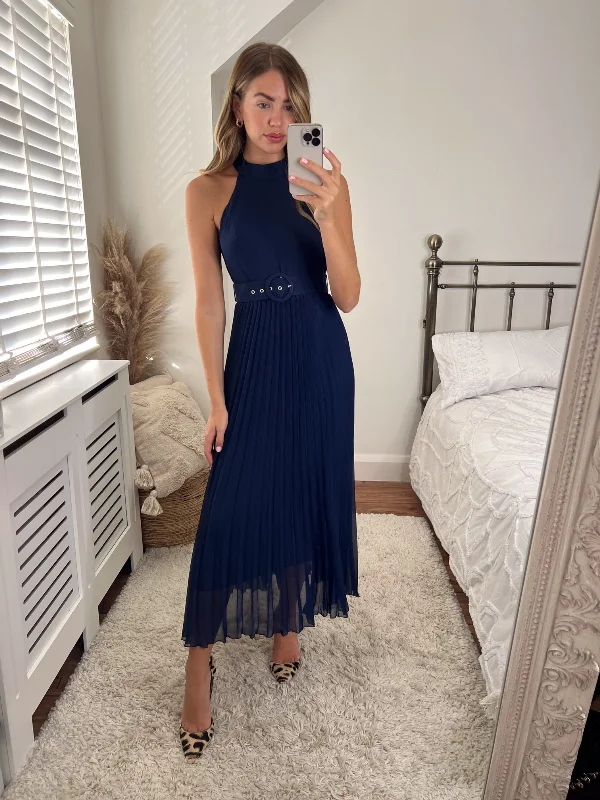 Luisa Belted Pleated Maxi Dress / Navy