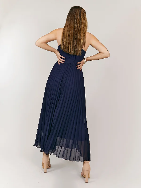 Luisa Belted Pleated Maxi Dress / Navy