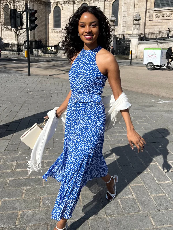 Luisa Belted Pleated Maxi Dress / Cobalt Pebble Print