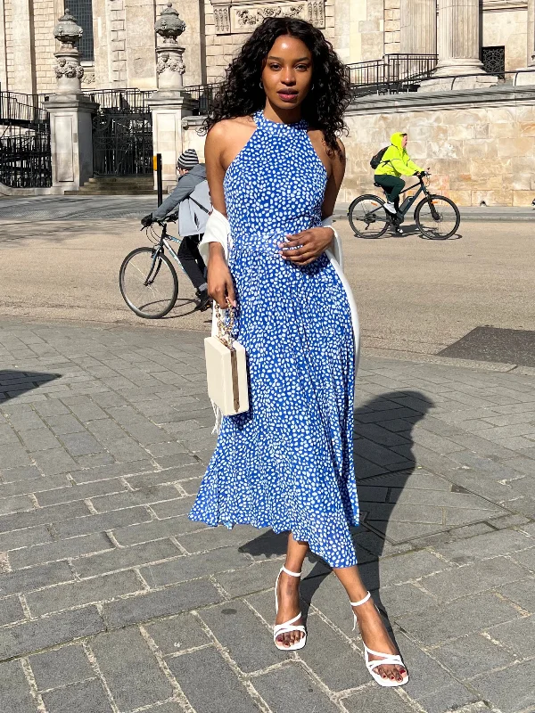 Luisa Belted Pleated Maxi Dress / Cobalt Pebble Print