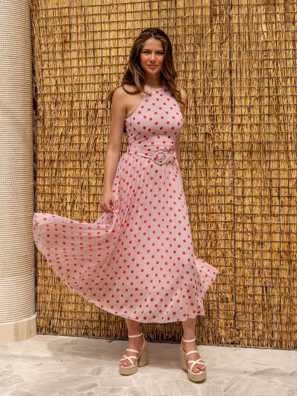 Luisa Belted Pleated Maxi Dress / Pink And Red Spot Print