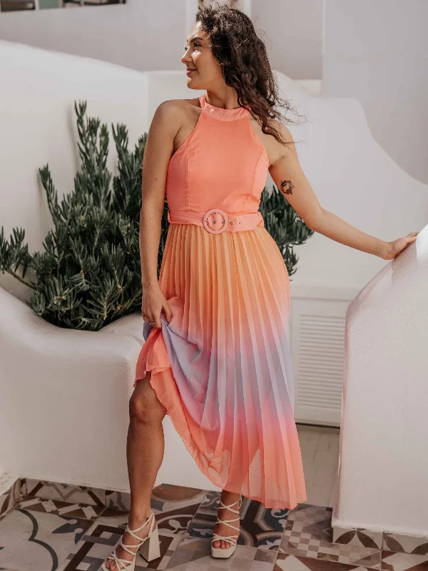 Luisa Belted Pleated Maxi Dress / Pastel Multi