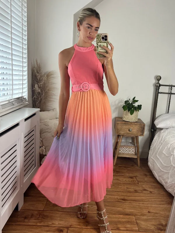 Luisa Belted Pleated Maxi Dress / Pastel Multi