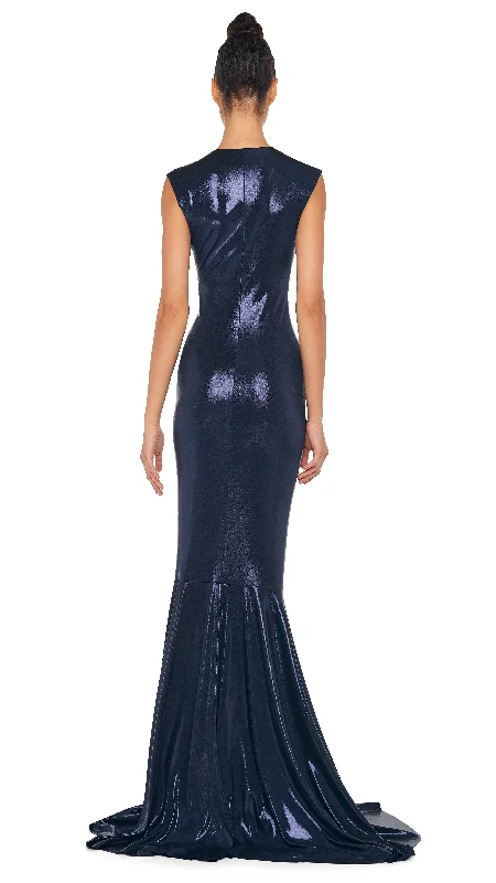 DEEP V NECK SHIRRED FISHTAIL GOWN