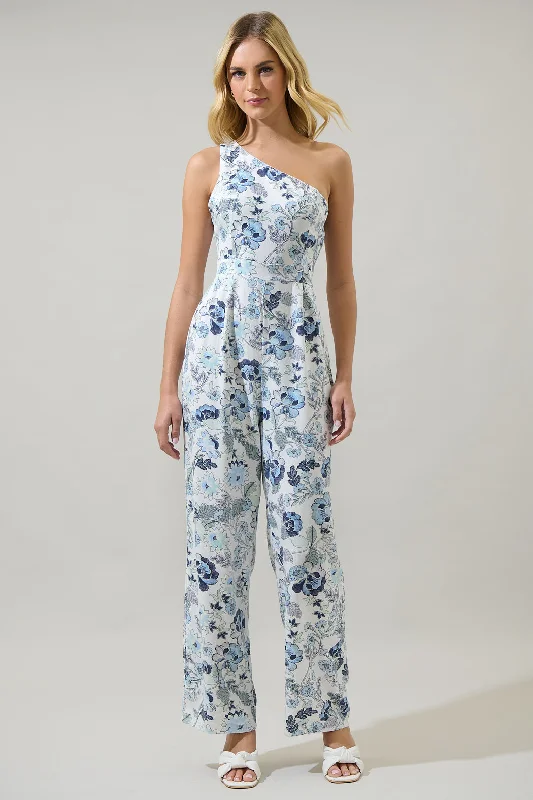 Wrenley Garden Floral Blaine One Shoulder Ruched Jumpsuit