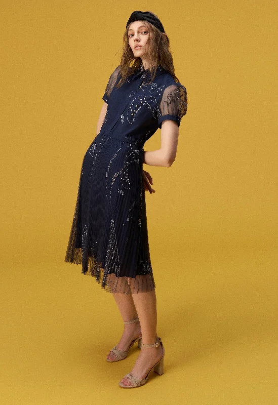 Layered Dark Blue Embroidered Organza Cocktail Dress