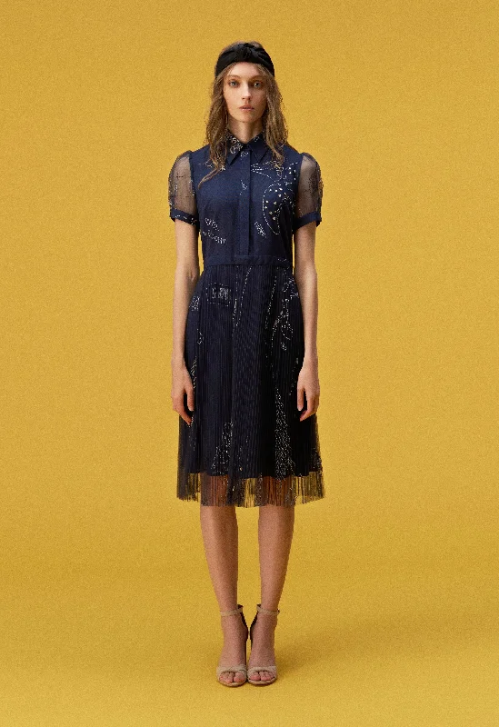 Layered Dark Blue Embroidered Organza Cocktail Dress