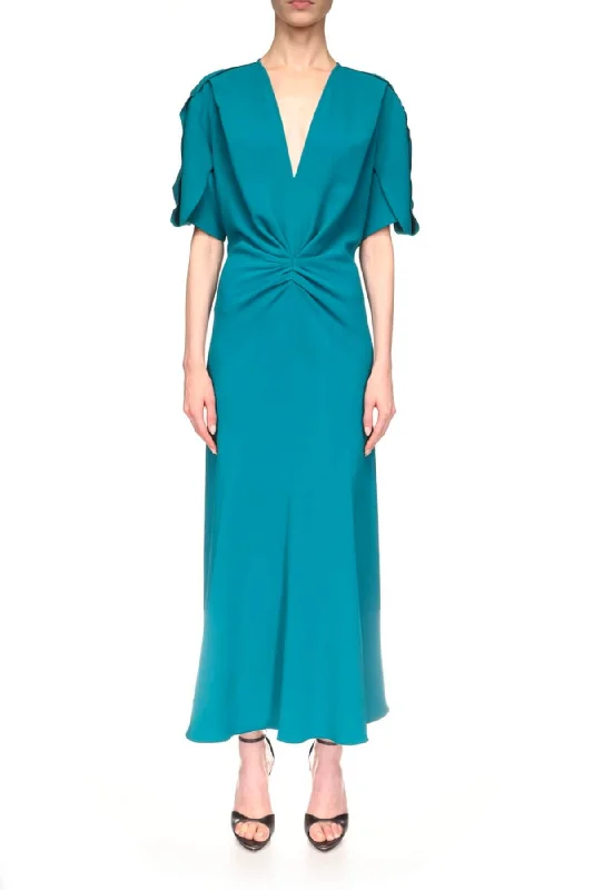 Victoria Beckham Gathered V-Neck Midi Dress - Petroleum