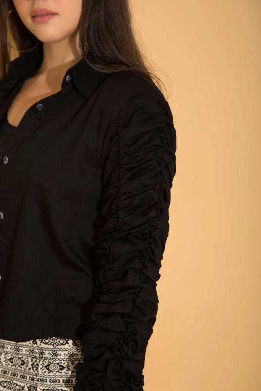 Black Ruched Sleeve Blazer Shirt