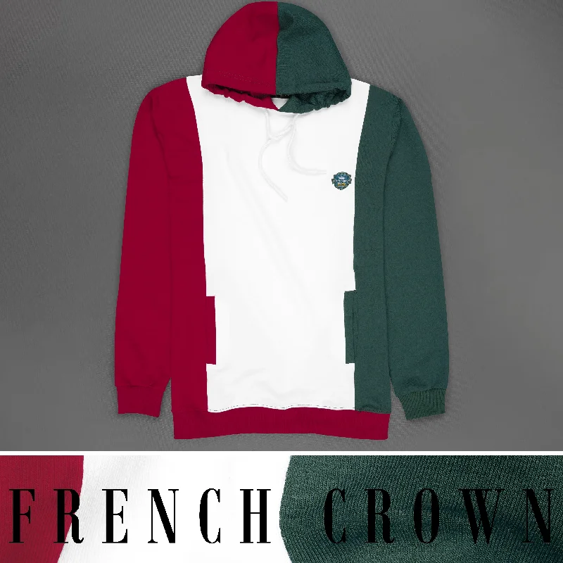 Bright White with Claret Red and Everglade Green Block Pattern Super Soft Premium Cotton Hoodie Sweatshirt