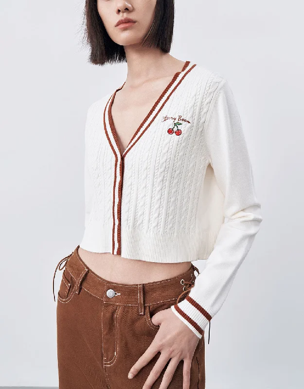 Cherry Embroidered V-Neck Knitted Cardigan