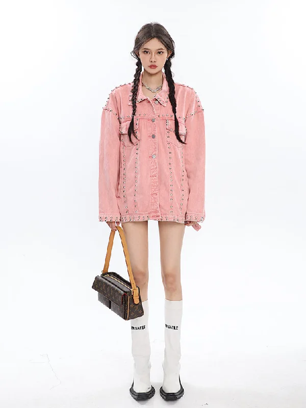 Chrissy Pink Vintage Denim Studded Multi-Pocket Long Sleeve Button Up Jacket