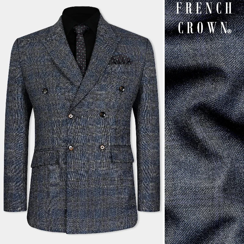 Ebony Clay Blue and Gravel Gray Plaid Tweed Double Breasted Blazer