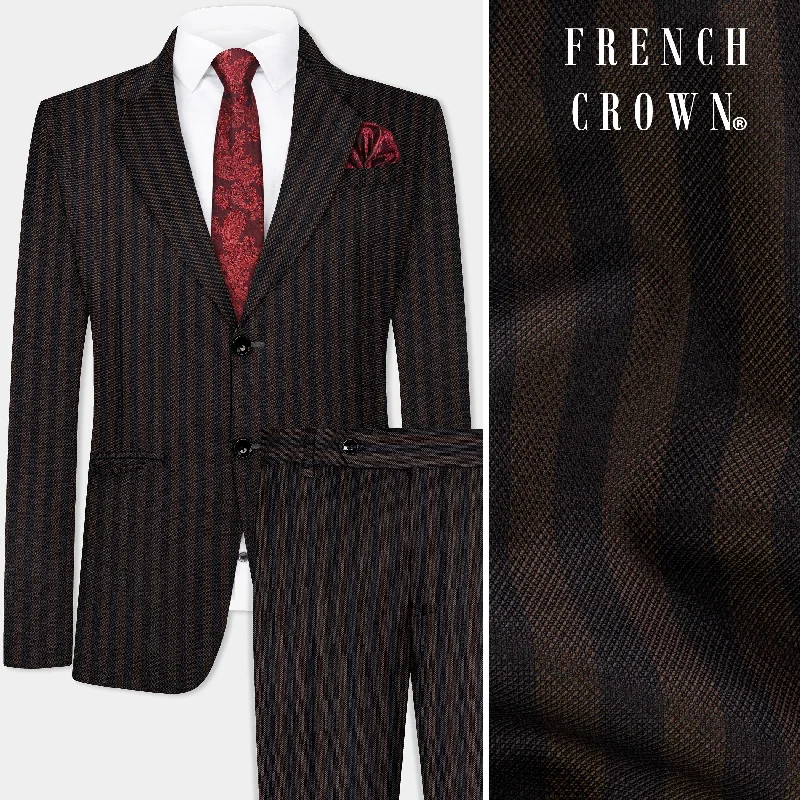 Eternity Brown With Vulcan Black Striped Wool Blend Single Breasted Suit