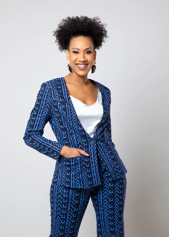 Farjana Women's African Print Stretch Woven Blazer (Blue Navy Mudcloth)