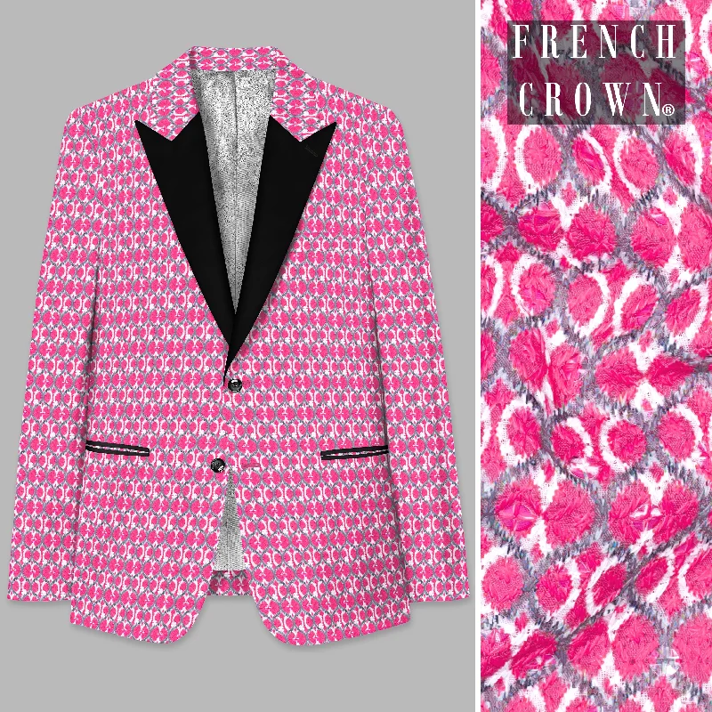 French Rose Pink and Bright White Designer Embroidered Peak Collar Tuxedo Blazer