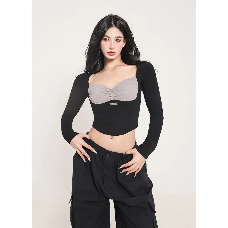 Hella Contrast Color Black & Grey Long Sleeve Panel Design Sense Knitted Slim Cropped Top