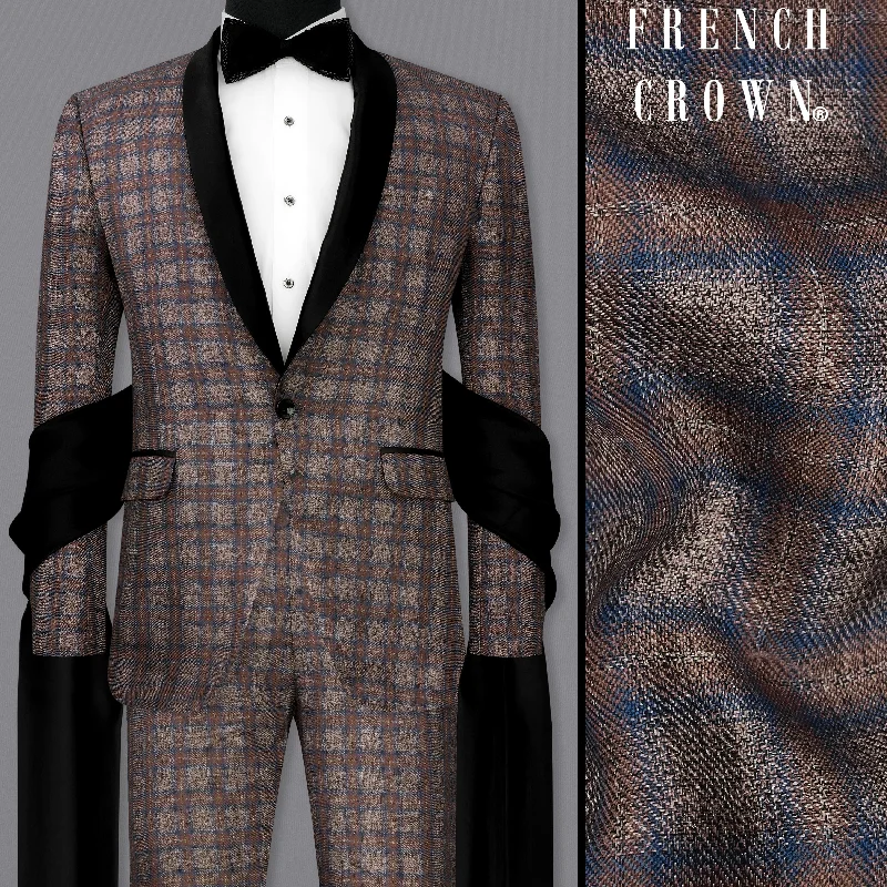 Hurricane Brown Plaid Tuxedo Designer Suit with Shawl